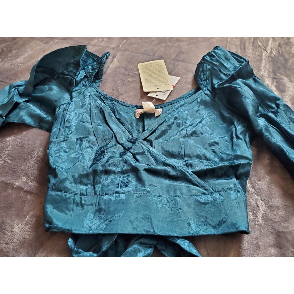 Band of the Free Top Womens XS Deep Teal Long Sleeve Jacquard Tie Waist Boho - Picture 12 of 15